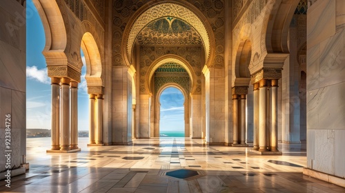 One of the outside galleries of the huge mosque of Hassan II in Casablanca. The building was finished in 1993, so it s an example of modern Islam architecture