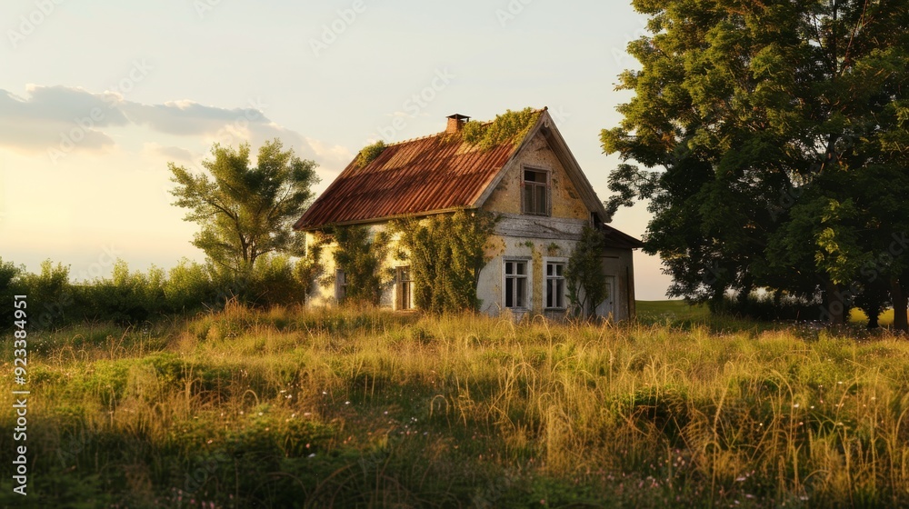 A quaint, ivy-covered house in a vast, sunlit meadow presents a serene landscape of solitude and rustic charm. A quaint, ivy-covered house in a vast, sunlit meadow presents a serene landscape of solitude and rustic charm.
