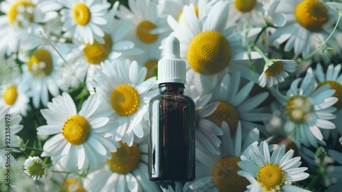 A dark amber dropper bottle is nestled among abundant white daisies with yellow centers, creating a fresh and natural apothecary aesthetic.