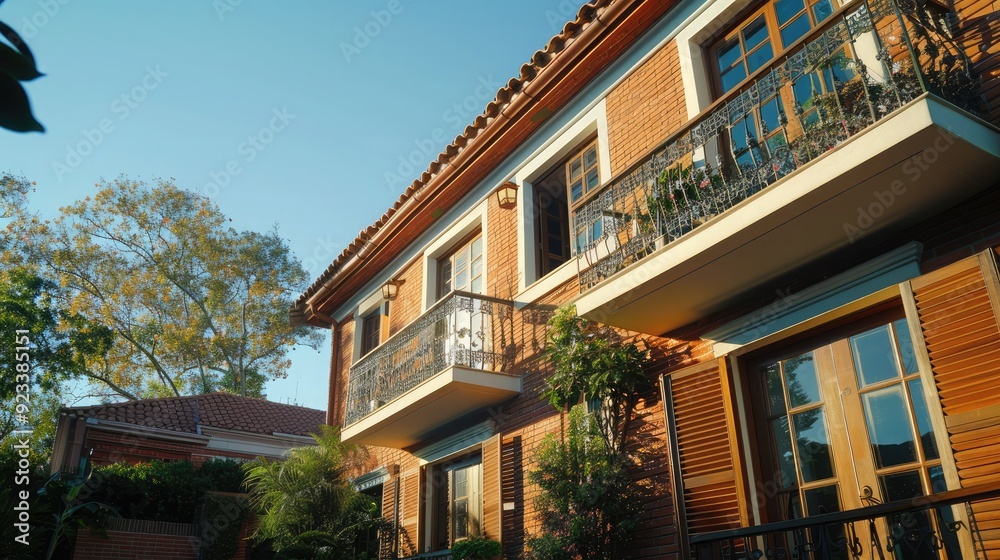 Orange and white brick facade exterior on guest house or home in city neighborhood at early morning sunrise or sunset. Blue sky background with green trees and visible shutters and door balcony. Orange and white brick facade exterior on guest house or home in city neighborhood at early morning sunrise or sunset. Blue sky background with green trees and visible shutters and door balcony.