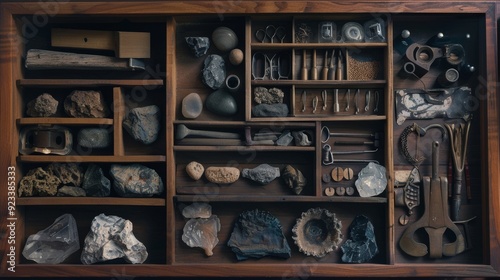 A detailed drawer is organized with various specimens, rocks, and antique tools, reflecting a meticulous collector's passion for geology.