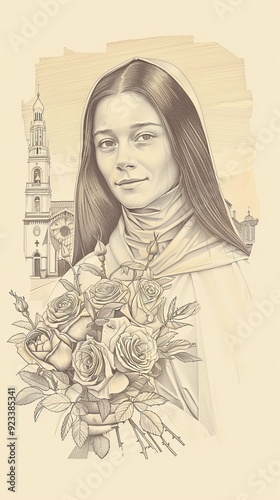 Illustration of Holding Roses of St. Therese of Lisieux in 19th-Century French Convent, Biblical Illustration, Beige Background, Copyspace