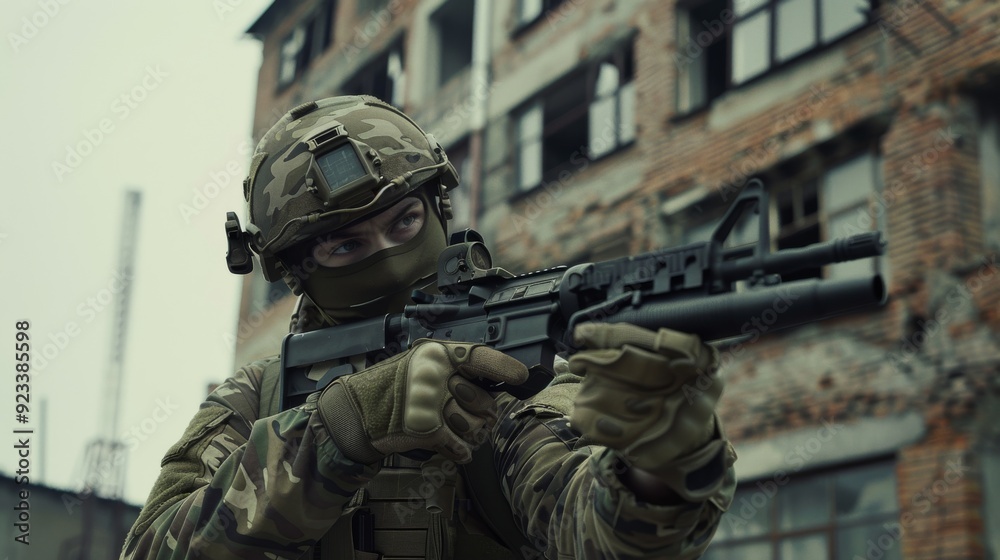 A military personnel dressed in camouflage gear aims a rifle, standing amidst a rugged, abandoned building, portraying intensity and vigilance.