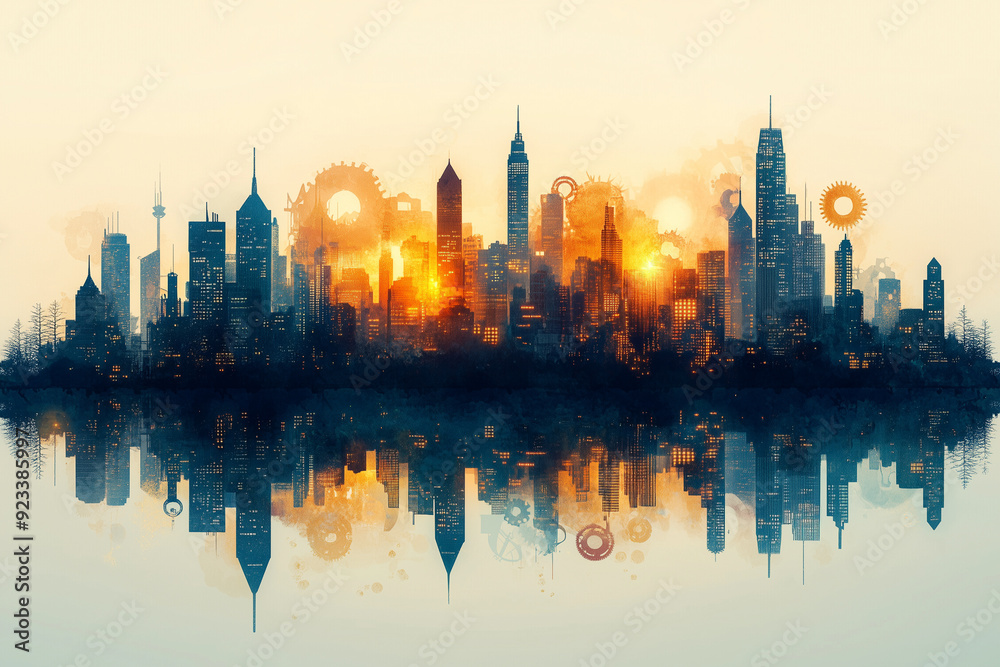 A city skyline with buildings shaped like gears and cogs, representing the industrialization and implementation of ideas. A city skyline with buildings shaped like gears and cogs, representing the industrialization and implementation of ideas.