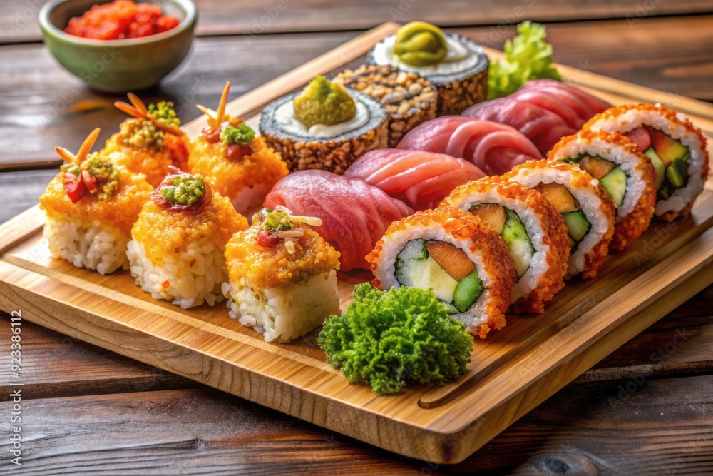Vibrant fusion sushi combo featuring spicy tuna roll, crispy tempura shrimp, and seared salmon sashimi, artfully arranged on a modern wooden platter. Vibrant fusion sushi combo featuring spicy tuna roll, crispy tempura shrimp, and seared salmon sashimi, artfully arranged on a modern wooden platter.
