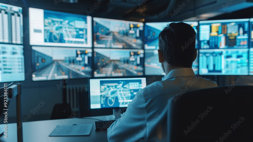 A monitoring station filled with screens and a single person surveilling advanced digital systems in a high-tech environment. A monitoring station filled with screens and a single person surveilling advanced digital systems in a high-tech environment.
