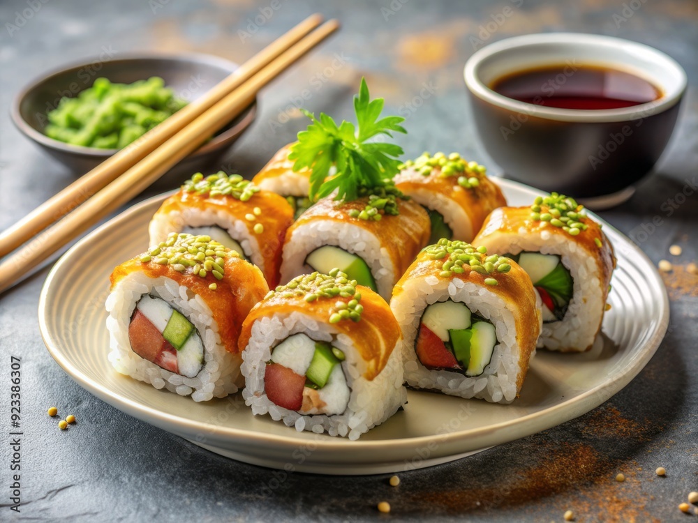 Vibrant plate of sushi rolls generously topped with wasabi, pickled ginger, and sesame seeds, surrounded by soy sauce and chopsticks on a minimalist background. Vibrant plate of sushi rolls generously topped with wasabi, pickled ginger, and sesame seeds, surrounded by soy sauce and chopsticks on a minimalist background.
