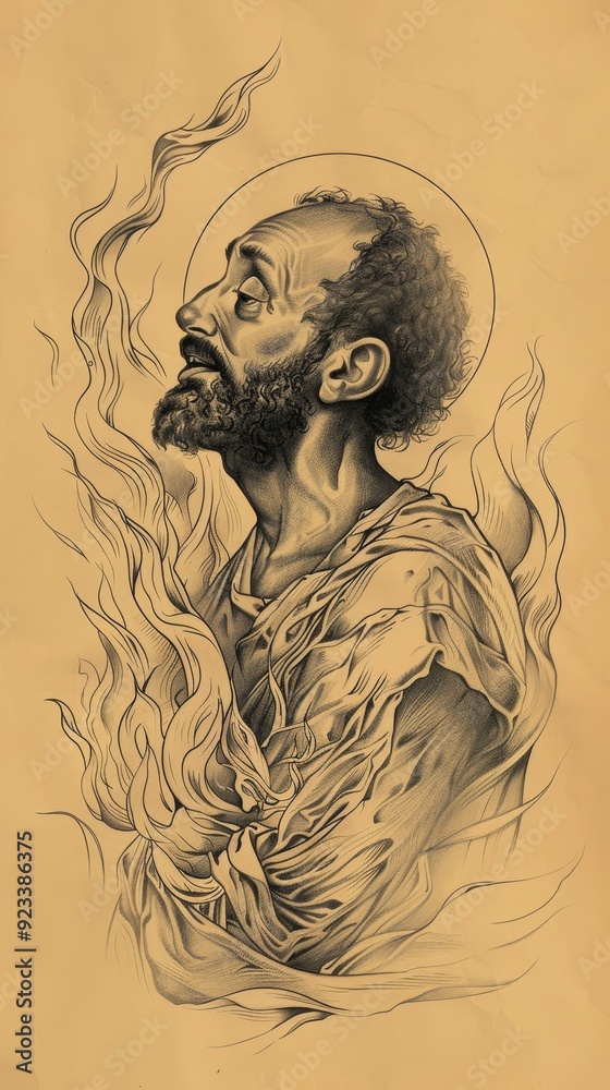 Fototapeta premium Illustration of Martyrdom of St. Polycarp with Flames and Serene Faith, Biblical Illustration, Beige Background, Copyspace