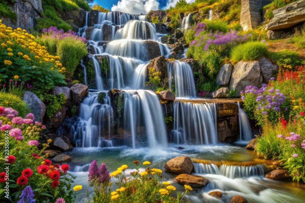 Shimmering Waterfalls in Bloom: Cascading waterfalls adorned with wildflowers create a mesmerizing display of color and sound. Shimmering Waterfalls in Bloom: Cascading waterfalls adorned with wildflowers create a mesmerizing display of color and sound.