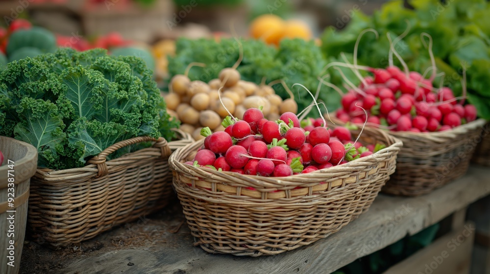 Vibrant display of fresh, organic vegetables in woven baskets at a local farmer's market, showcasing healthy, seasonal produce Vibrant display of fresh, organic vegetables in woven baskets at a local farmer's market, showcasing healthy, seasonal produce