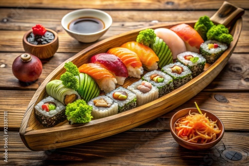 Colorful and fresh sushi varieties overflow from a traditional Japanese wooden boat, surrounded by wasabi, ginger, and soy sauce, on a rustic wooden table setting. photo