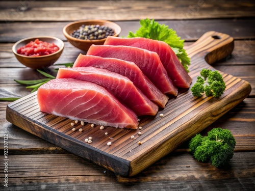 Freshly sliced toro, a luxurious and velvety fatty tuna, glistens on a rustic wooden board, awaiting sashimi or sushi preparation in a serene culinary setting. photo