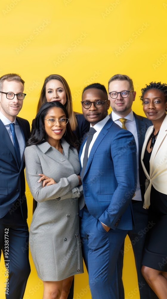A group of six professionals, dressed in business attire, stands united against a bright yellow backdrop A group of six professionals, dressed in business attire, stands united against a bright yellow backdrop
