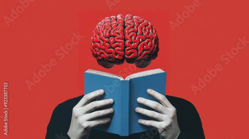 A surreal image of a brain engrossed in reading a book, emphasizing the powerful connection between knowledge acquisition and cognitive stimulation against a bold red background. photo