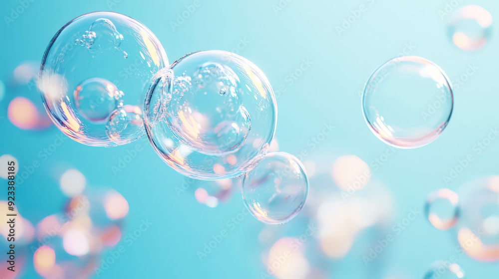Aesthetic transparent soap bubbles floating on pastel blue background. Detergents and cleaning products. Generative AI Aesthetic transparent soap bubbles floating on pastel blue background. Detergents and cleaning products. Generative AI