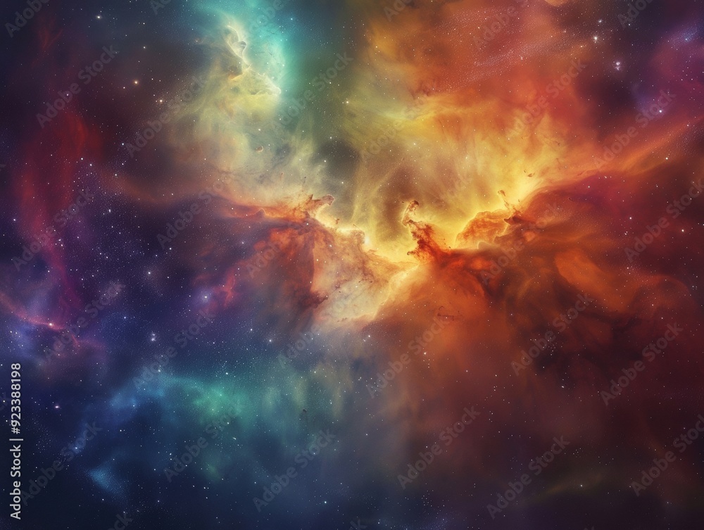 Vivid nebula with swirling colors in deep space, surrounded by stars and cosmic dust Vivid nebula with swirling colors in deep space, surrounded by stars and cosmic dust
