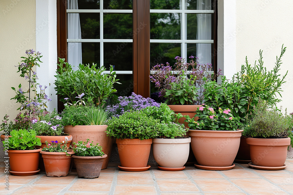 Container garden with various plants arranged on patio by window