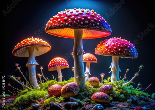 dramatic bold toadstool compositions with contrasting black backgrounds and vibrant neon colors highlighting intricate cap details photo