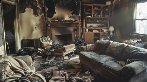 A living room destroyed by fire, with burnt furniture and walls, telling a story of devastation and abandonment amidst charred remnants. photo