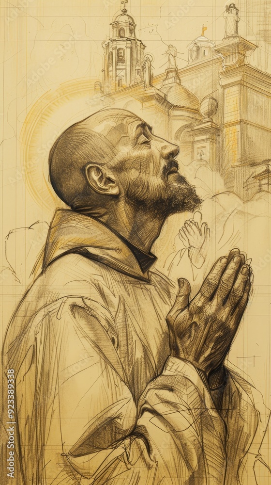 Fototapeta premium Illustration of Vision of Christ to St. Ignatius of Loyola in Prayer, Jesuit Order, Biblical Illustration, Beige Background, Copyspace