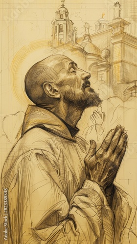 Illustration of Vision of Christ to St. Ignatius of Loyola in Prayer, Jesuit Order, Biblical Illustration, Beige Background, Copyspace