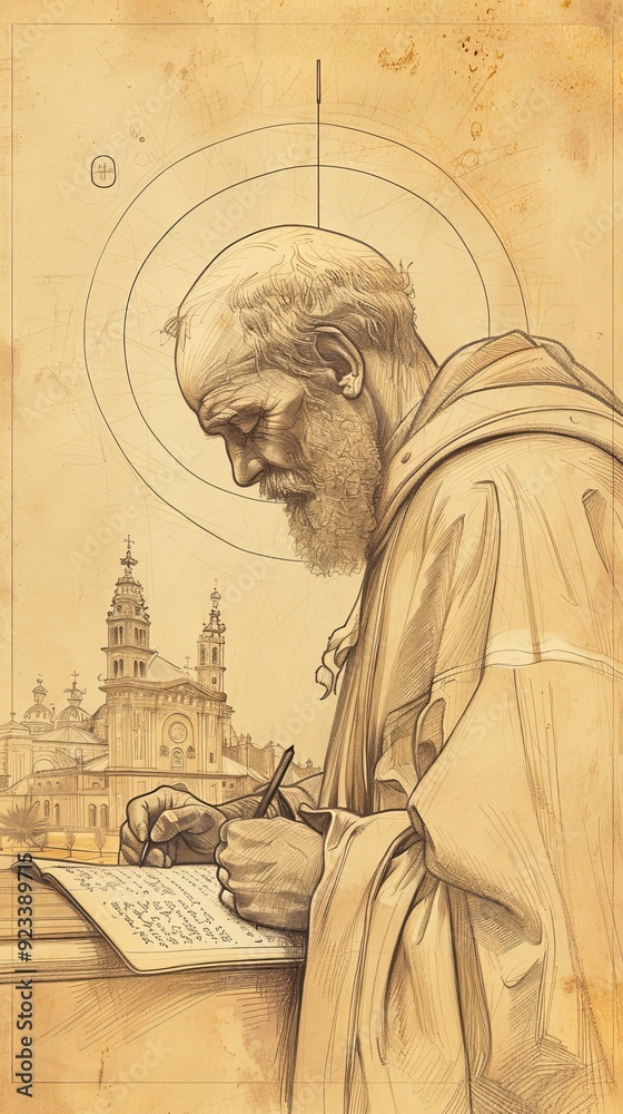 Fototapeta premium Illustration of Writing of St. Isidore of Seville in 7th-Century Spanish Church, Biblical Illustration, Beige Background, Copyspace