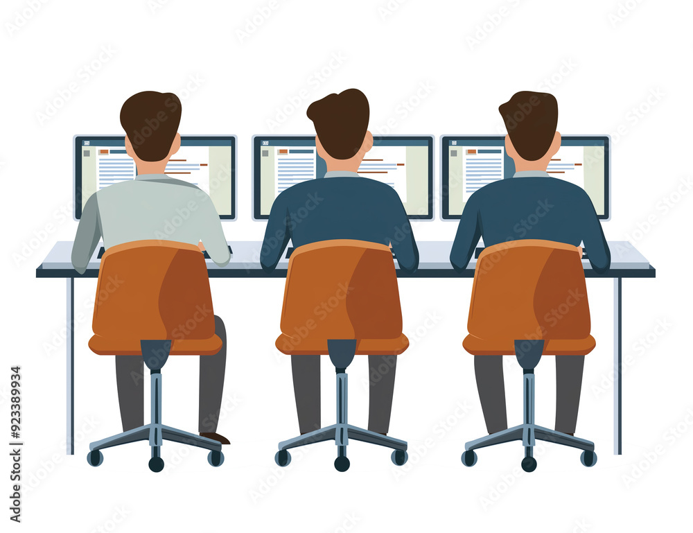 Set of professional men sitting at desks isolated on transparent background Set of professional men sitting at desks isolated on transparent background