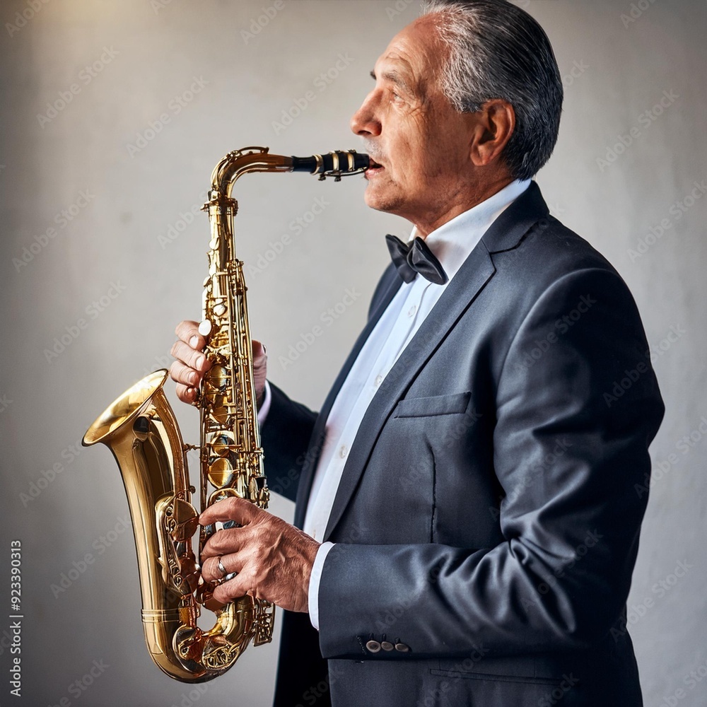 Fototapeta premium senior man playing sax, AI generated