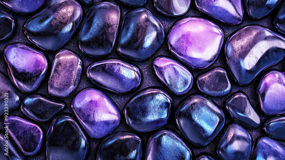 Glossy rocks in purple and blue colors, top view. Background of pebbles with a glossy texture. Glossy rocks in purple and blue colors, top view. Background of pebbles with a glossy texture.