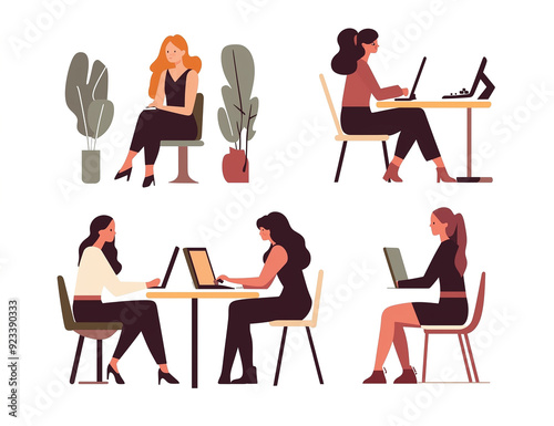 Set of professional women sitting at desks isolated on transparent background