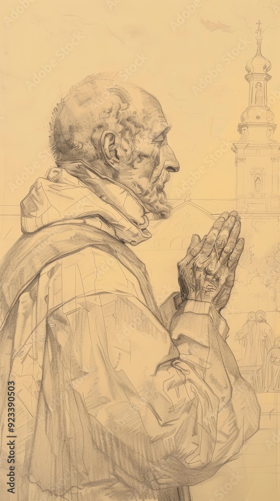 Fototapeta premium Illustration of Prayer of St. Wolfgang of Regensburg in 10th-Century German Church, Biblical Illustration, Beige Background, Copyspace