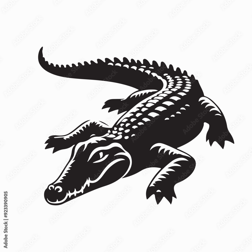A fierce and imposing crocodile in a sleek, black and white illustration, showcasing its powerful presence and sharp details. A fierce and imposing crocodile in a sleek, black and white illustration, showcasing its powerful presence and sharp details.