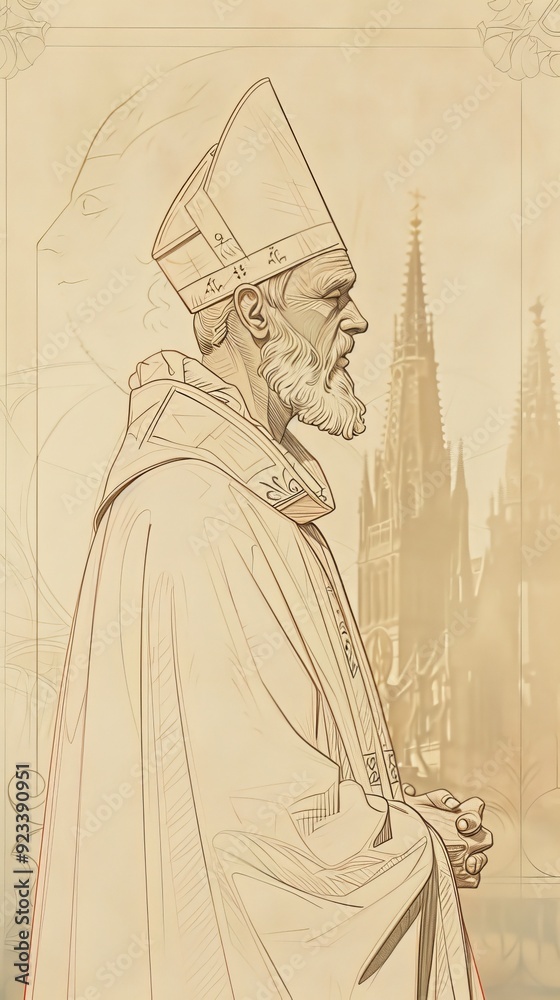Obraz premium Illustration of Bishop's Robes of St. Dunstan of Canterbury in 10th-Century English Cathedral, Biblical Illustration, Beige Background, Copyspace