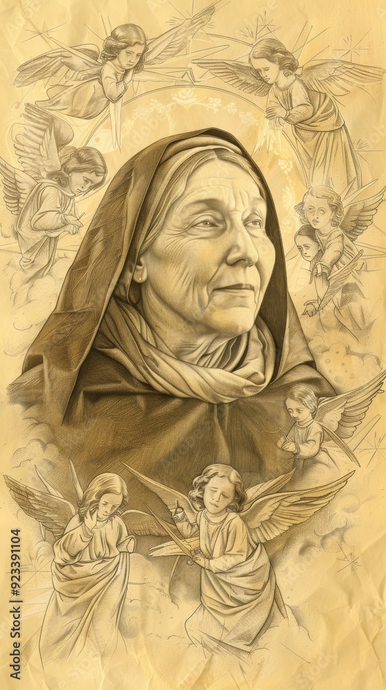 Fototapeta premium Illustration of In Mystical Vision, St. Teresa of Ávila Surrounded by Angels, Biblical Illustration, Beige Background, Copyspace