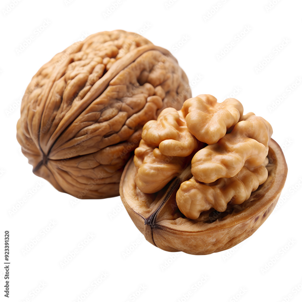 Walnuts peeled and unpeeled isolated on white background. Ai generated Walnuts peeled and unpeeled isolated on white background. Ai generated