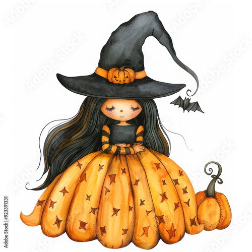 Little pumpkin witch watercolor illustration. Cute girl with long hair wearing witch hat and dress for Halloween isolated on white background. Halloween witch sticker, poster, greeting card invitation