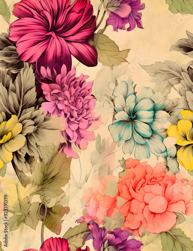 Wallpaper Mural vibrant vintage floral pattern with bold pink, yellow, and aqua flowers set against a cream background. The intricate line work and bright colors give it a lively and cheerful feel Torontodigital.ca