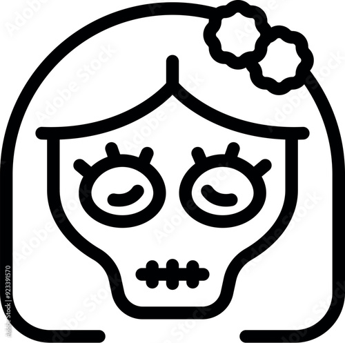 Line art illustration of a catrina skull with flowers in her hair, symbolizing the day of the dead