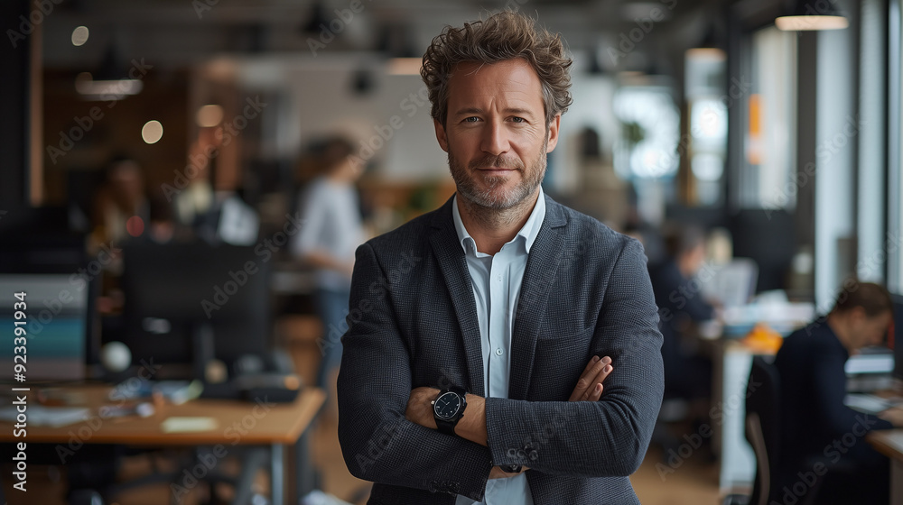 Fototapeta premium A business professional standing confidently at the center of a bustling office
