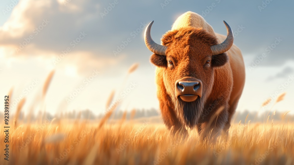A powerful and proud bison strides through a sunlit, golden prairie, creating a scene of serene natural beauty and highlighting the untouched beauty of the wild.