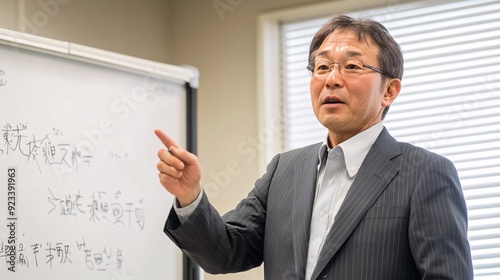 An instructor engages students by pointing to the whiteboard in a classroom, illustrating key concepts with enthusiasm and clarity during a daytime lecture