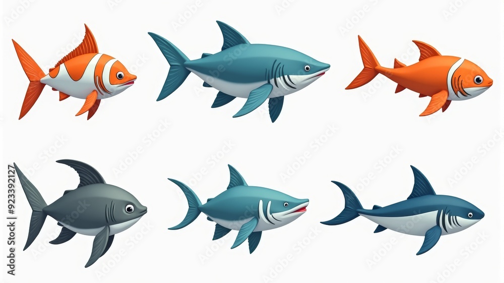 Fototapeta premium Colorful Cartoon Fish and Sharks Illustration - Various Marine Life Designs for Education and Decor