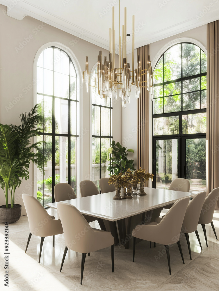 Fototapeta premium Luxury minimalist dining room, two floor high ceiling. Garden, courtyard view outside the window. Spacious dining table. 