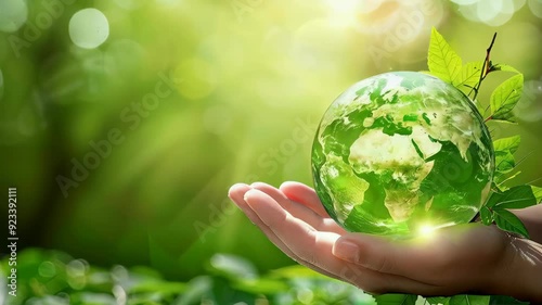 Hands holding a green glass Earth encircled by leaves. The background features a lush, green, bokeh effect. Concept of environmental care and sustainability