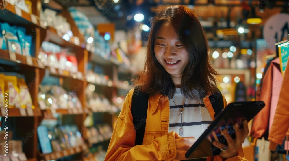 A young woman smiles brightly while shopping in a vibrant and colorful store, enjoying the experience with her digital tablet. A young woman smiles brightly while shopping in a vibrant and colorful store, enjoying the experience with her digital tablet.