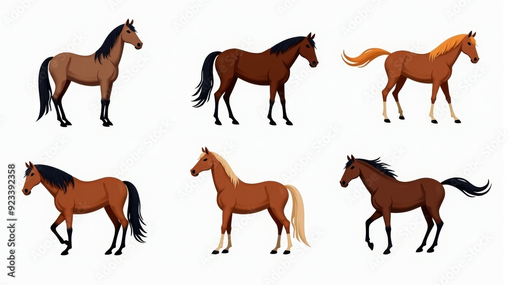 Illustrated Collection of Horses in Various Poses and Colors - Animal Illustration for Educational and Design Use Illustrated Collection of Horses in Various Poses and Colors - Animal Illustration for Educational and Design Use