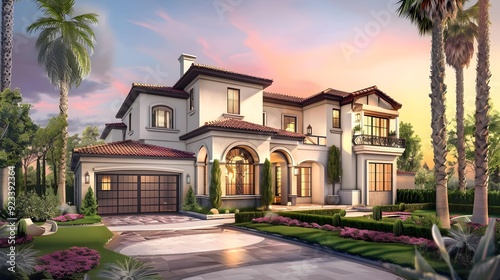 illustration of the exterior of a residence with a beautiful garden with garage building with bright windows under a sunset