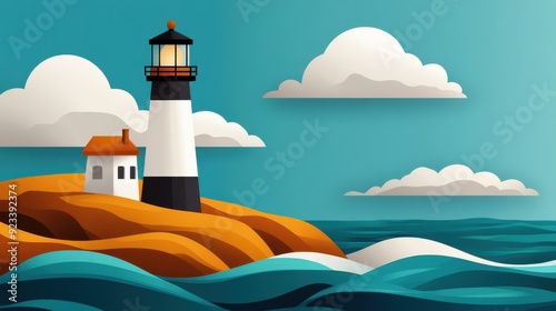 A solitary lighthouse stands on rocky shores, facing vibrant ocean waves with a colorful sky stocked with fluffy clouds. The scene portrays a serene and resilient coastal view.