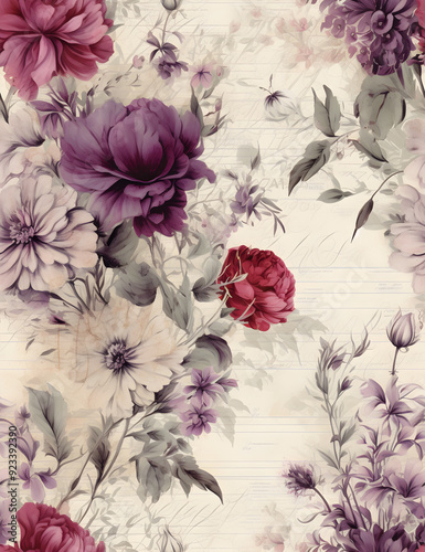 Vintage-inspired floral design featuring a harmonious blend of purple and red flowers on a faded, textured background. The soft, romantic colors and vintage text elements add to the classic charm