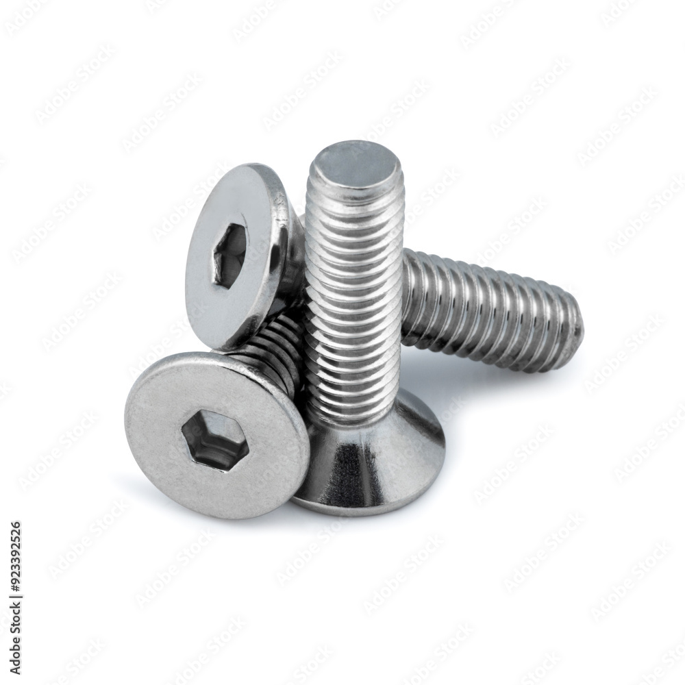 Close-Up of Stainless Steel Hex Socket Flat Head Screws - Industrial Fasteners, High-Resolution Image for Manufacturing and Engineering Projects Close-Up of Stainless Steel Hex Socket Flat Head Screws - Industrial Fasteners, High-Resolution Image for Manufacturing and Engineering Projects